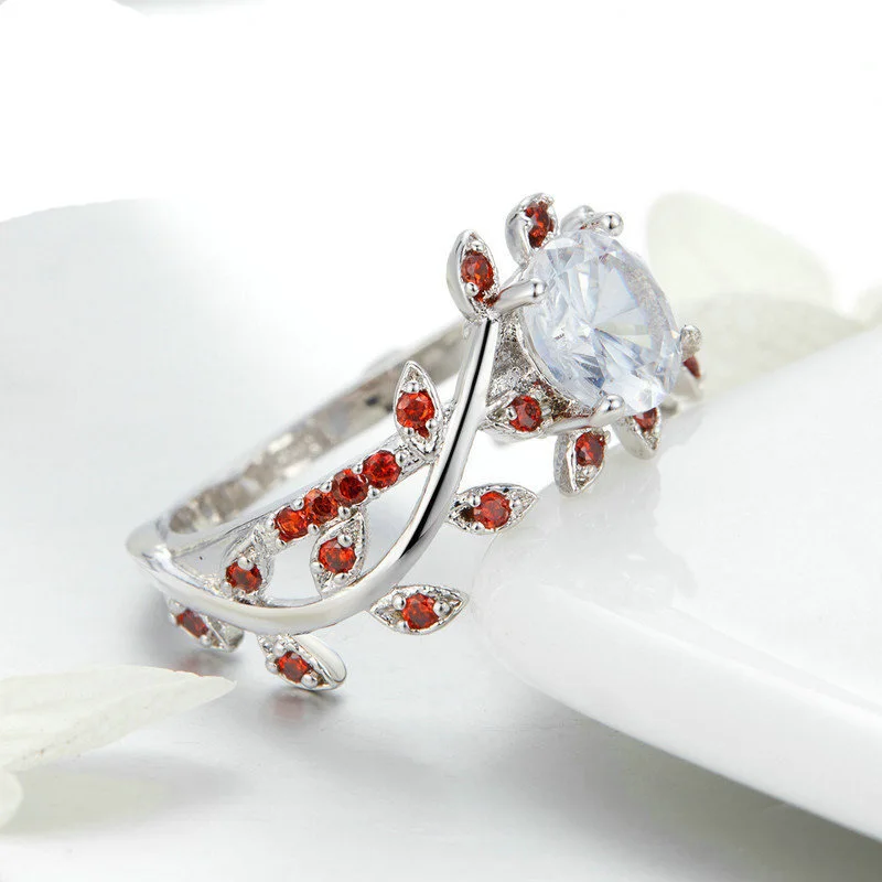 Flower Red Leaf Zircon Engagement ruby Ring for Female Fashion Popular Rhinestone Silver Wedding Rings Women Jewelry | Украшения и