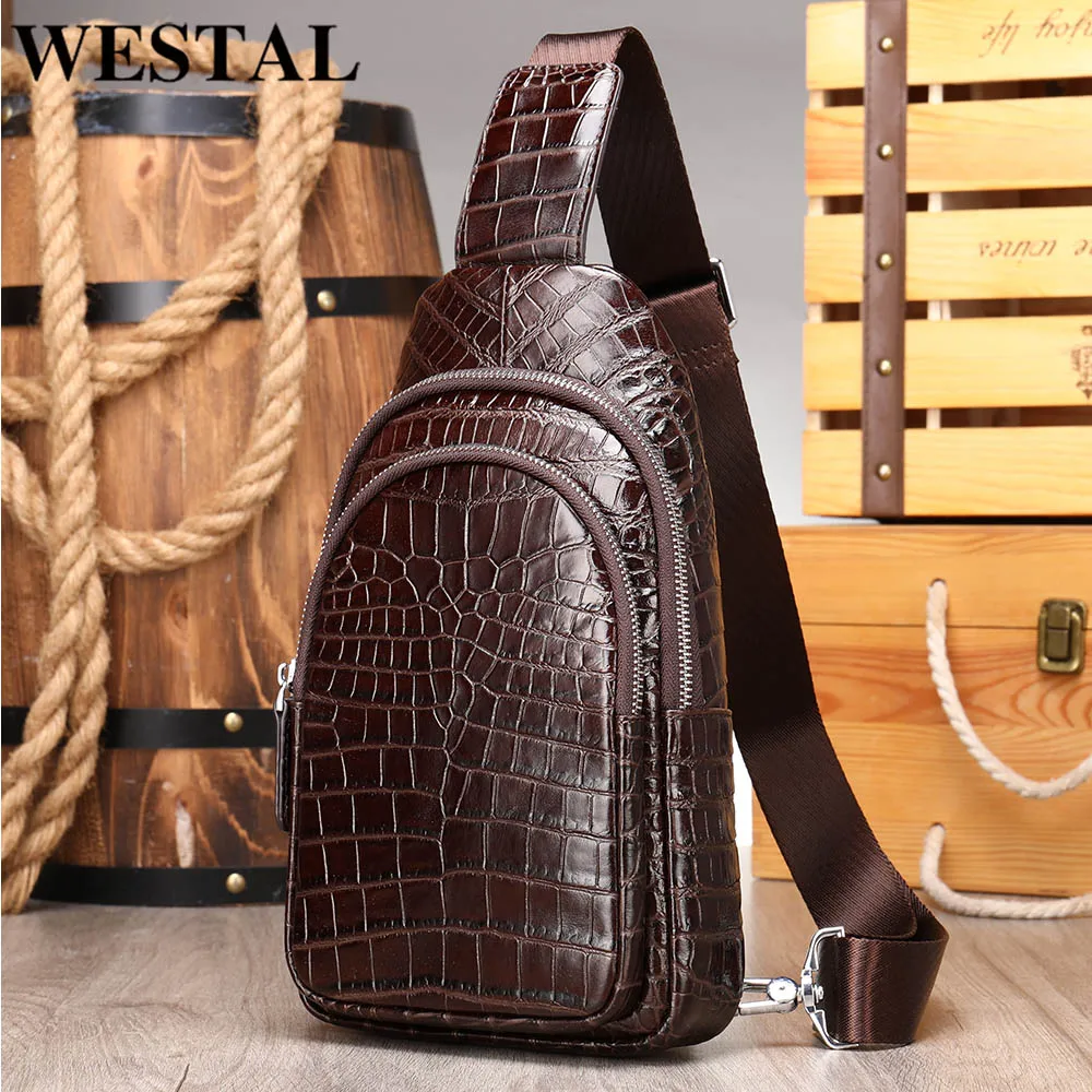 WESTAL Alligator Design Sling Bag Men Chest Pack Genuine Leather Crossbody Bags for Men Messenger Shoulder Bags Travel Chest Bag