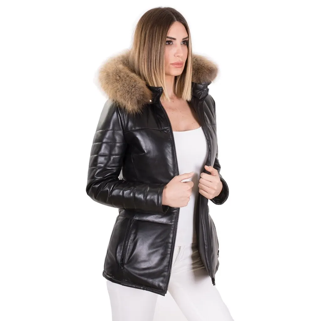 Women's collar fur leather jacket winter black color waterproof leather jacket genuine sheepskin long overcoat warm