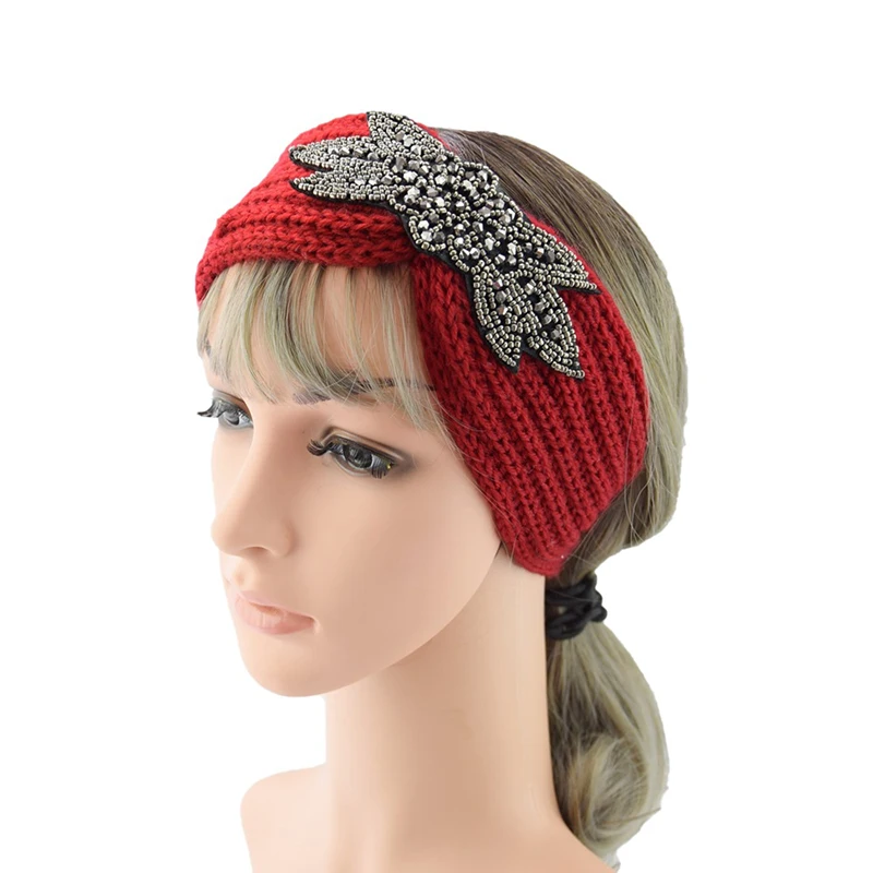 

2020 New Winter Warmer Ear Knitted Headband Bow Rhinestone Headwear For Women Girls European Solid Turban Hair Band Head Warp