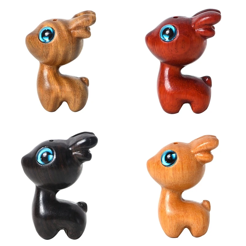 Vintage Wooden Handmade Sculpture Cute Cartoon Deer Carving Statue Key Chain Pendant Charms Desktop Decoration Ornament