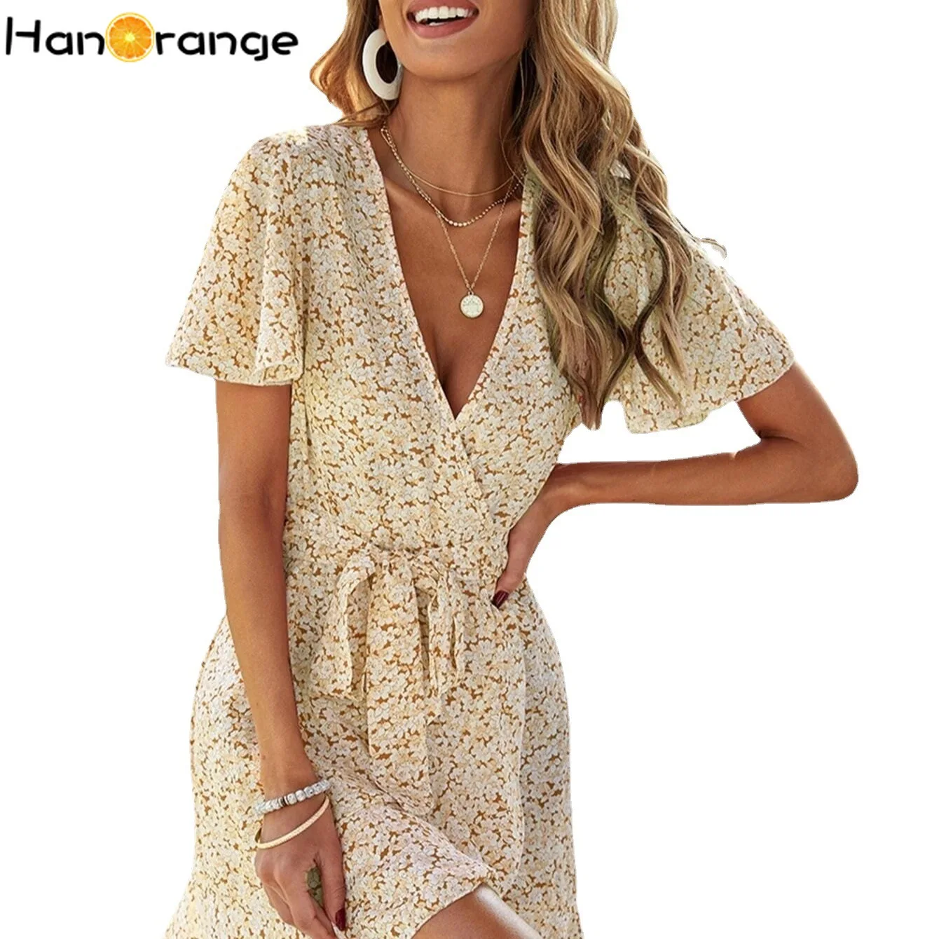 

HanOrange 2021 Summer European and American Fashion Slim Med-Down V-Neck Printed Short-Sleeve Dress