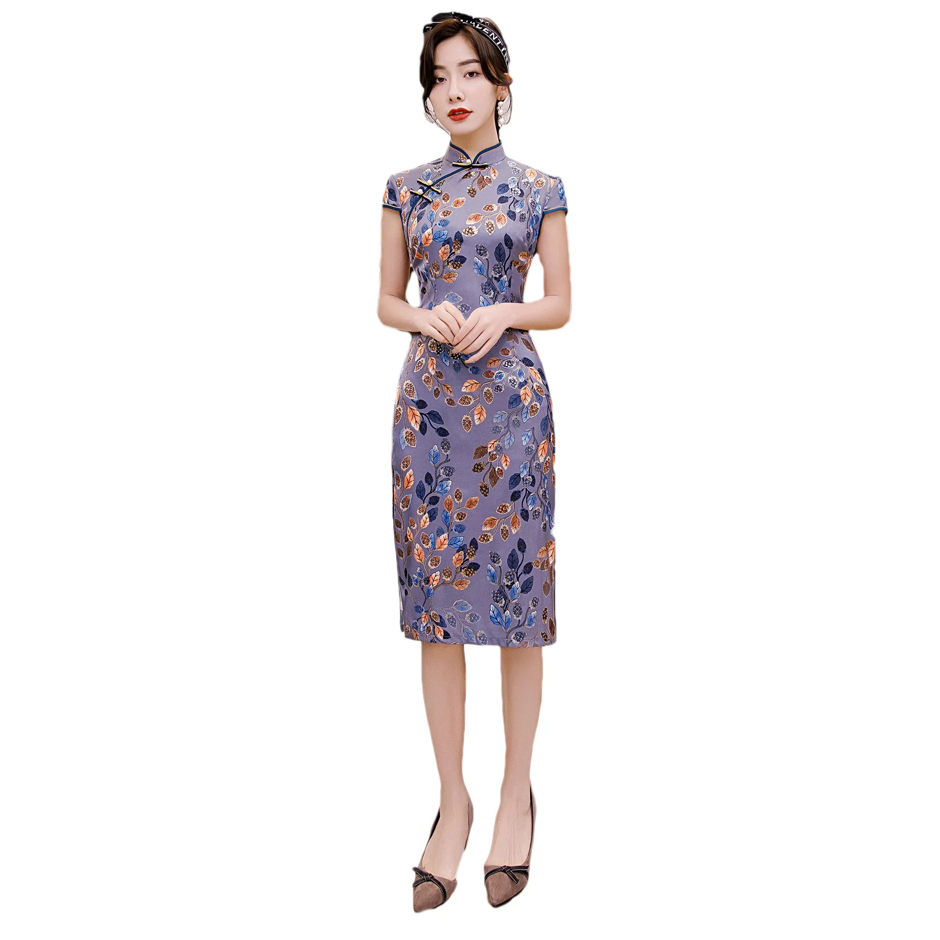 

Classic Purple Women Qipao Traditional Chinese Mandarin Collar Cheongsam Sexy Slim Hight Split Chinese Dress Vestidos Plus Size