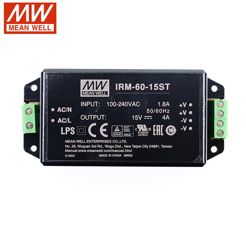 MEAN WELL IRM 60 15ST 60W AC DC винтовой терминал зеленый модуль питания 15V 4A Тип блока