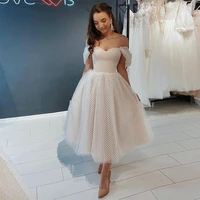 short wedding dress 2021 off shoulder straps elegant tea length dot tulle pleats net bridal gown robe de mariee sweetheart new
