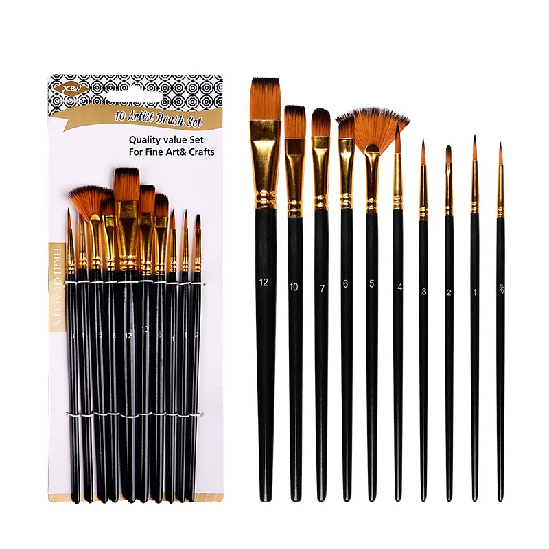 10 Pcs/Set Nylon Hair Artist Paint Brush Professional Watercolor Acrylic Wooden Handle Painting Brushes Art Supplies Stationery |