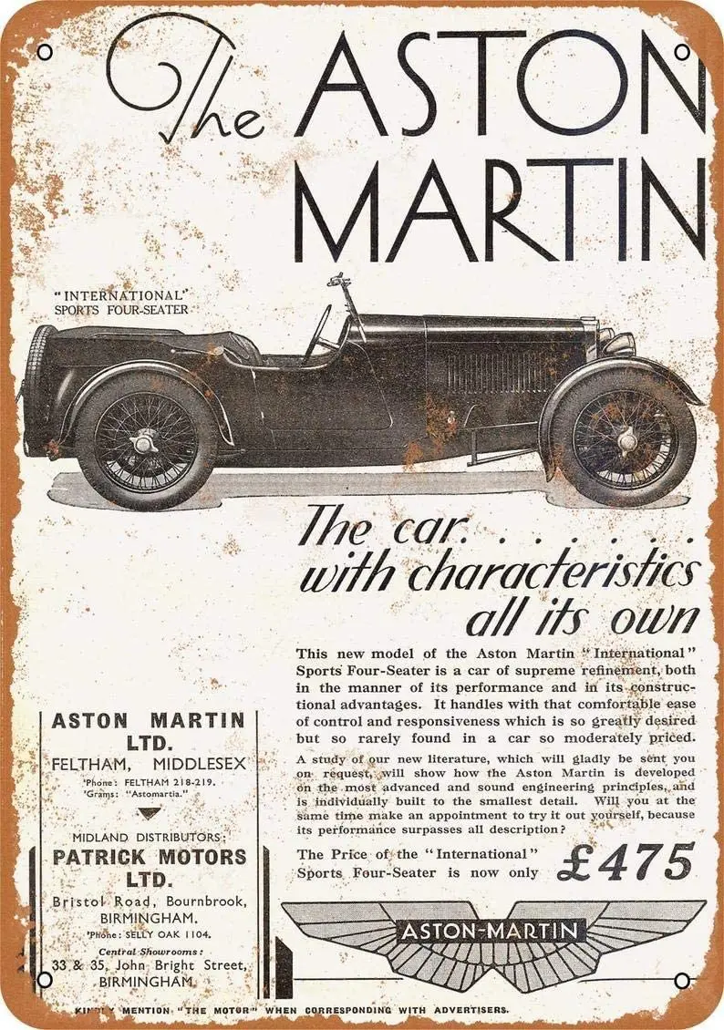 

1932 Aston Martin Международный спортивный автомобиль металлический жестяной знак Ретро винтажный знак для дома и бара Настенный декор 20x30 см