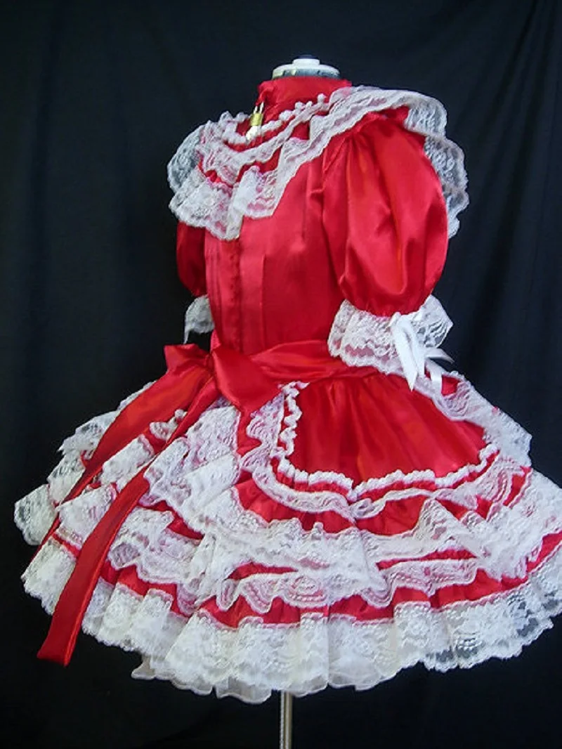Красное Кружевное Платье-фартук с бантом платье горничной для взрослых