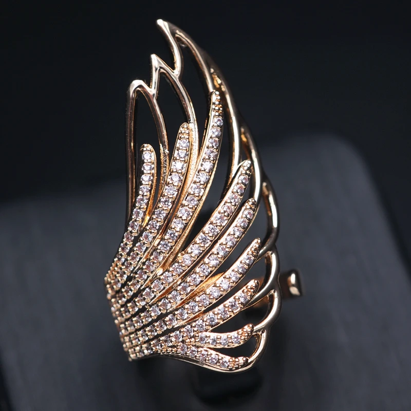 Женские открытые кольца на палец с ангельскими крыльями регулируемые фианитами