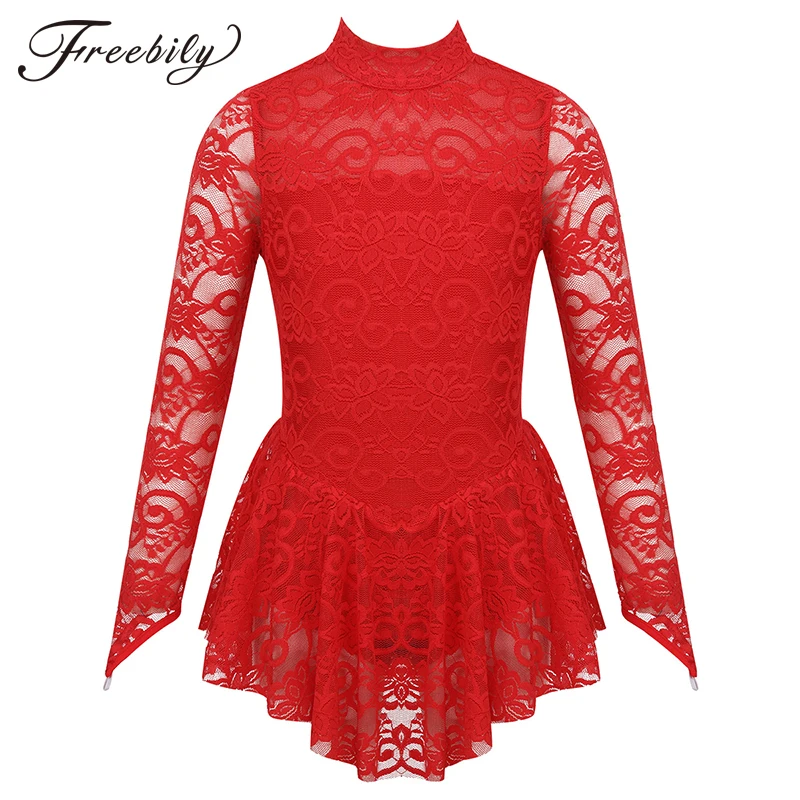 

Kids Teens Mock Neck Long Sleeves Floral Lace Ballet Gymnastics Leotard Girls Figure Ice Skating Dress Competition Dance Costume