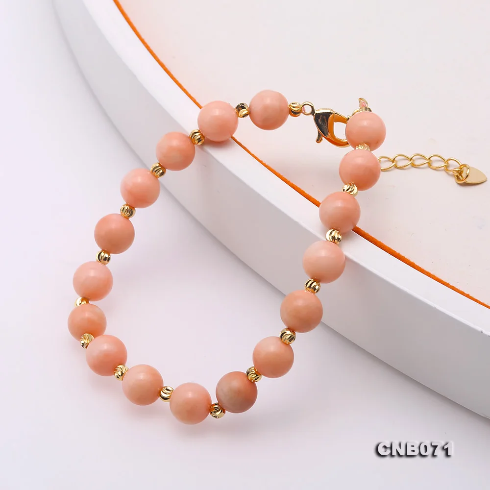 

JYX Delicate 7.5mm Pink Round Coral Bracelet 7 Inches Pink Color With Gold Color Extension Chian Womens Gifts
