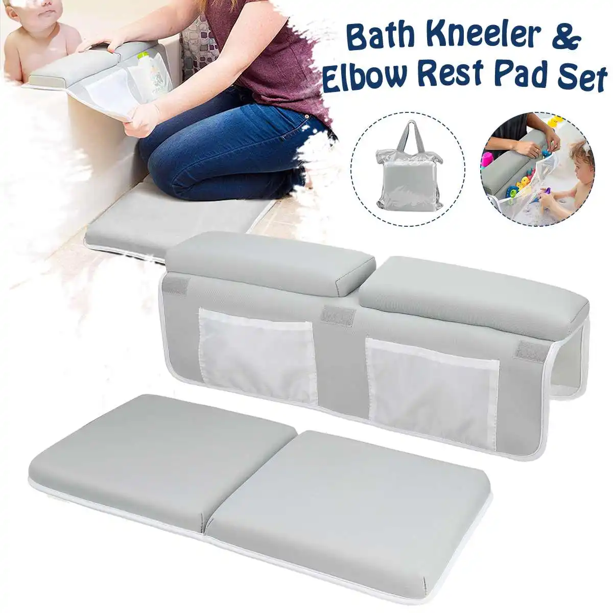

Baby Bath Kneeler Bathing Mat Arm Support Kneeling Mats Non-Slip Bathing Mat Kneeler & Elbow Rest Pad with Pockets