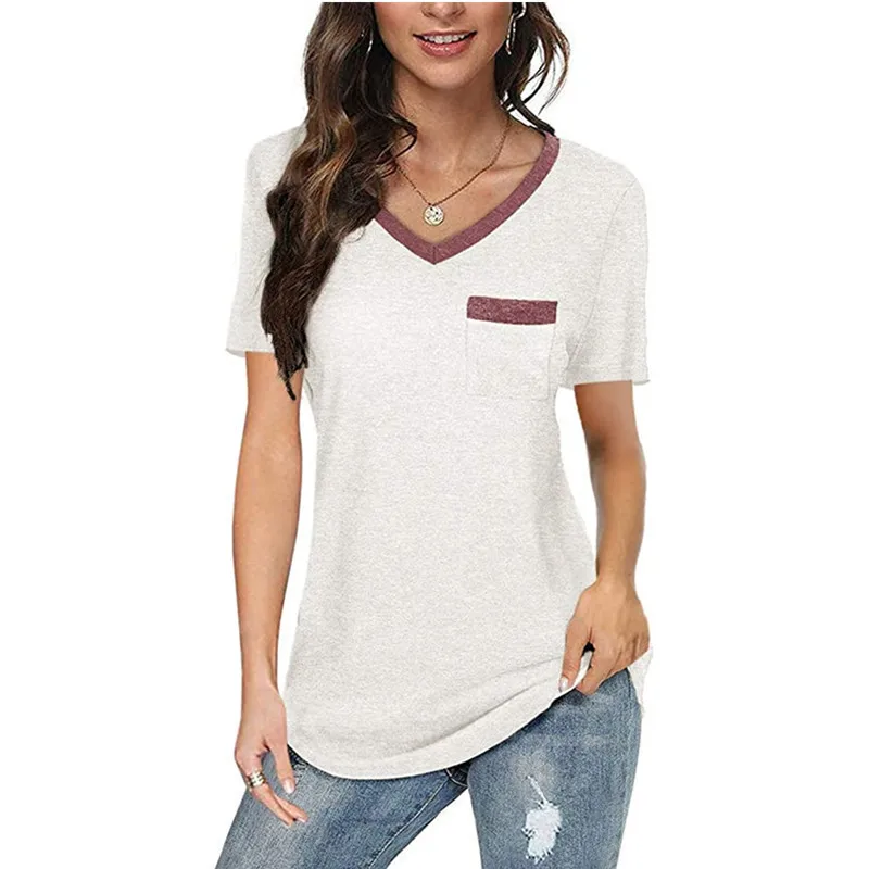 

2021 new color matching V-neck pocket casual loose women's T-shirt t shirt women plus size summer top