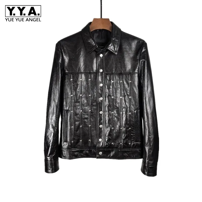 

Genuine Leather Manual Rivet Mens Hip Hop Jackets Black Short Wide-Waisted Turn-Down Collar Single Breasted Streetwear Coat