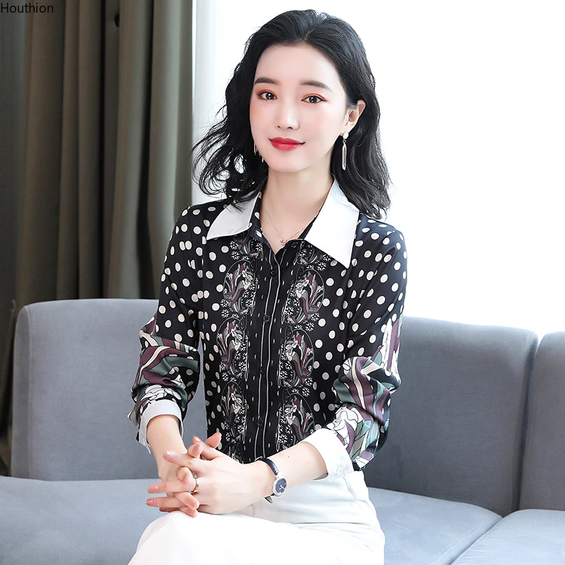 

Silk Women's Blouse Polo Girl's Shirt Summer Fashion Long Sleeve Top Print Loose Casual Retro Clothing Lady Houthion