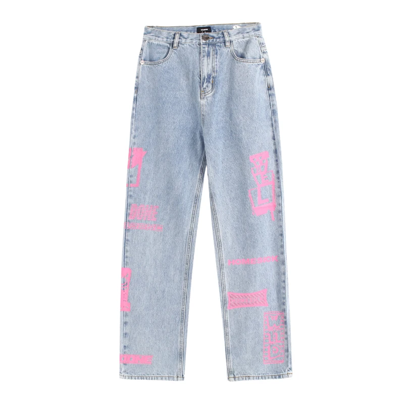 

We11done Jeans Pink Graffiti Trousers Hip Hop 2021 Women's High Waist 1:1 High Quality Vintage Wash Do Old Straight-leg pants