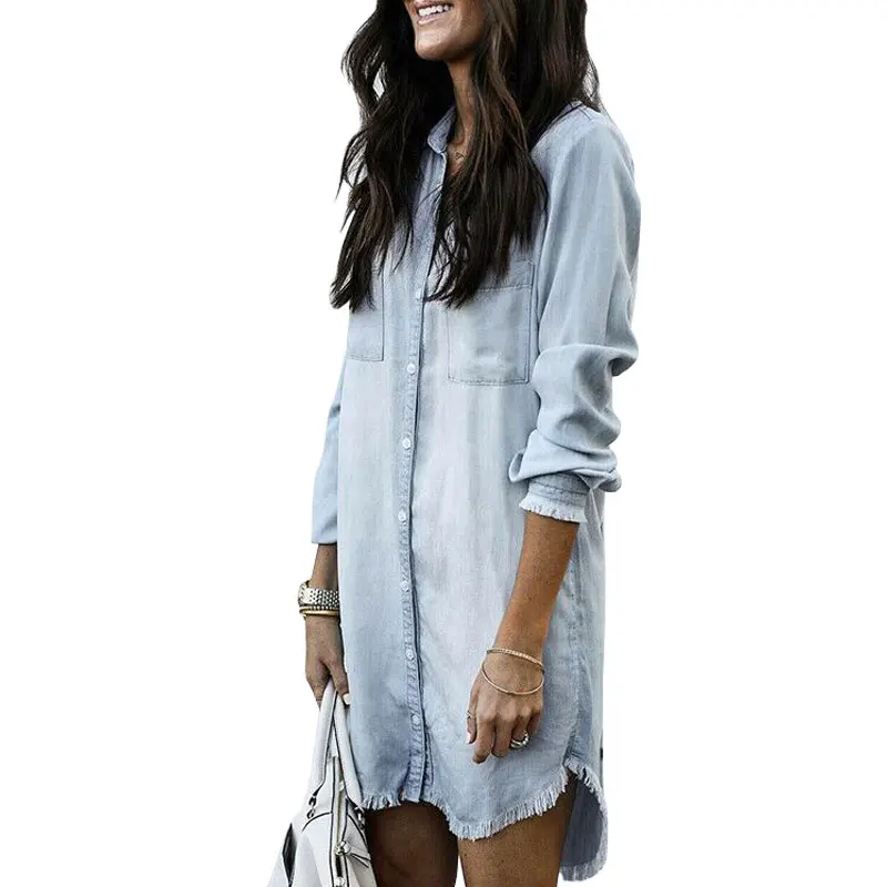 

Streetwear Women Long Sleeve Denim Shirt Solid Jean Tops Autumn Button Up Long Blouse Casual Slim Fit Mini Dress Fashion Clothes
