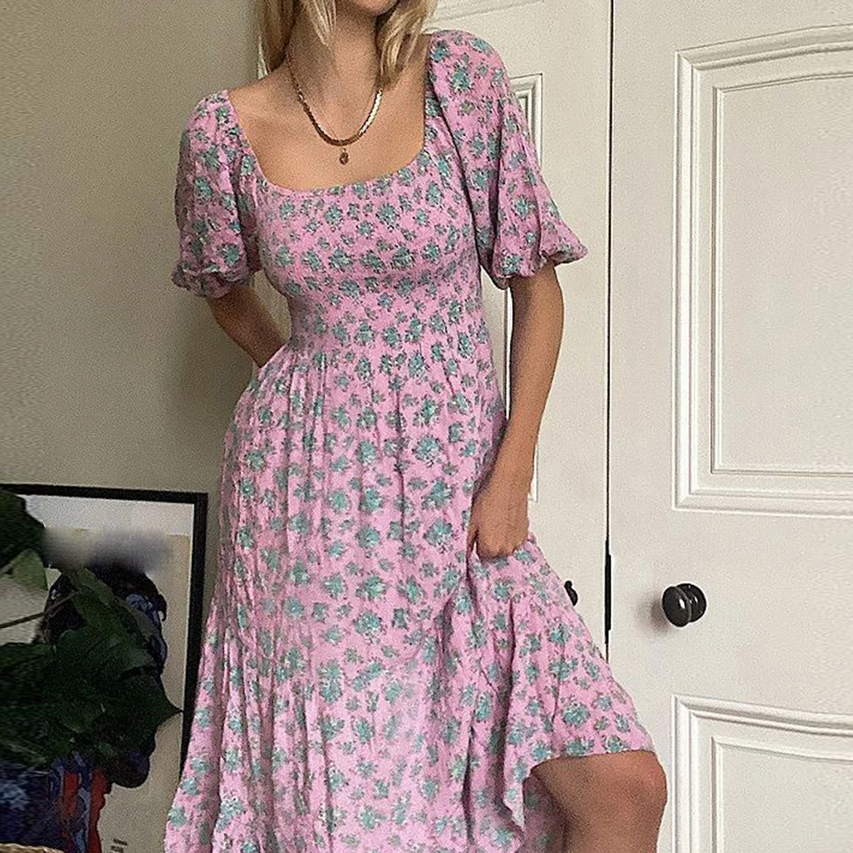 

Jastie 2022 Summer Women's Dress Cross Back Straps Puff Sleeve Square Neck Floral Print Mini Dress Beach Party Bohemian Dresses