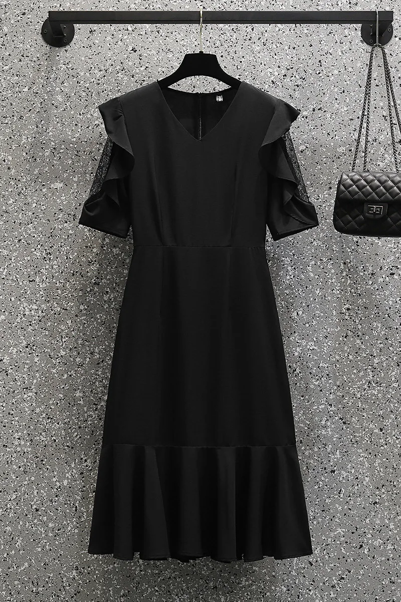 

Chiffon Slim Women's Dress New Casual Dresses Fashion Short Sleeve Solid Mid-length V-neck Summer Sexy Fishtail Skirt Houthion