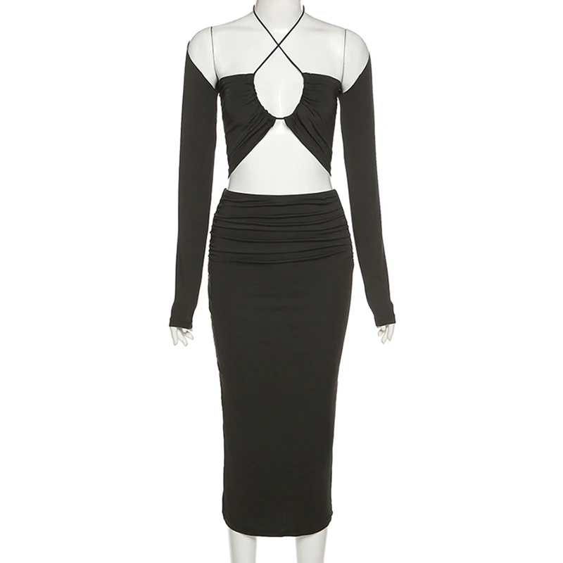 

Long Dresses for Women 3 Pieces Sets Matching Shawl Strap Dress Spring Design Knee-Length Black Dress Clothing