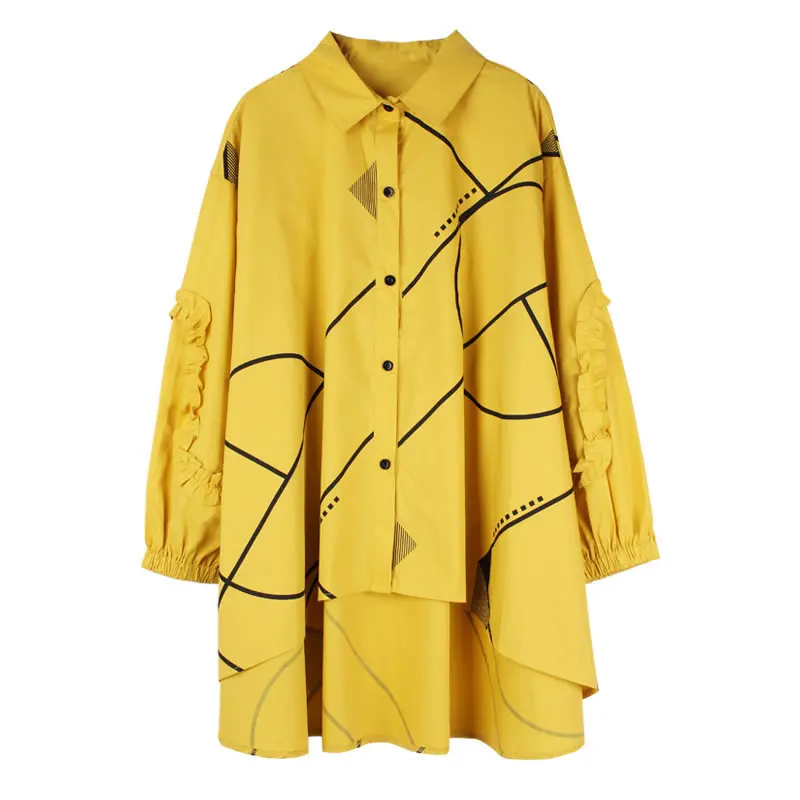 

XITAO Asymmetrical Print Casual Shirt Women Ruffles Tide Fashion New Style Turn Down Collar Long Sleeve Single Breasted ZY4323