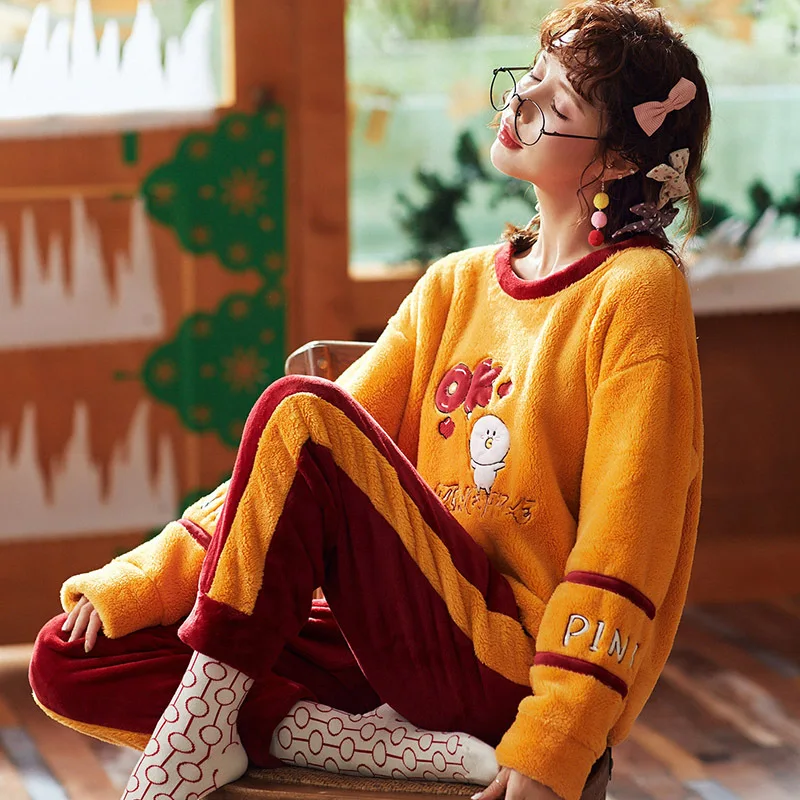 Корейские зимние женские пижамы, плотные фланелевые пижамные комплекты, плотная теплая пижама с принтом, женская ночная рубашка, длинные штаны, мягкая Пижама - Цвет: Orange-1