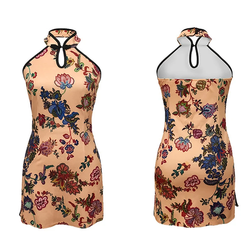 

Sexy Woman Halter Cheongsam Chinese Style Erotic Lingerie Mini Qipao Babydoll Underwear Hollow Split Party Nightclub Dress