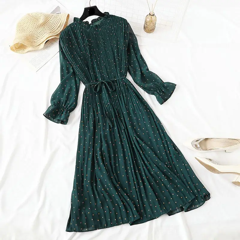 

Women Print Pleated Chiffon Dress 2020 Spring Summer New Hot Fashion Female Casual Flare Sleeve Lotus leaf neck Basic Dresses