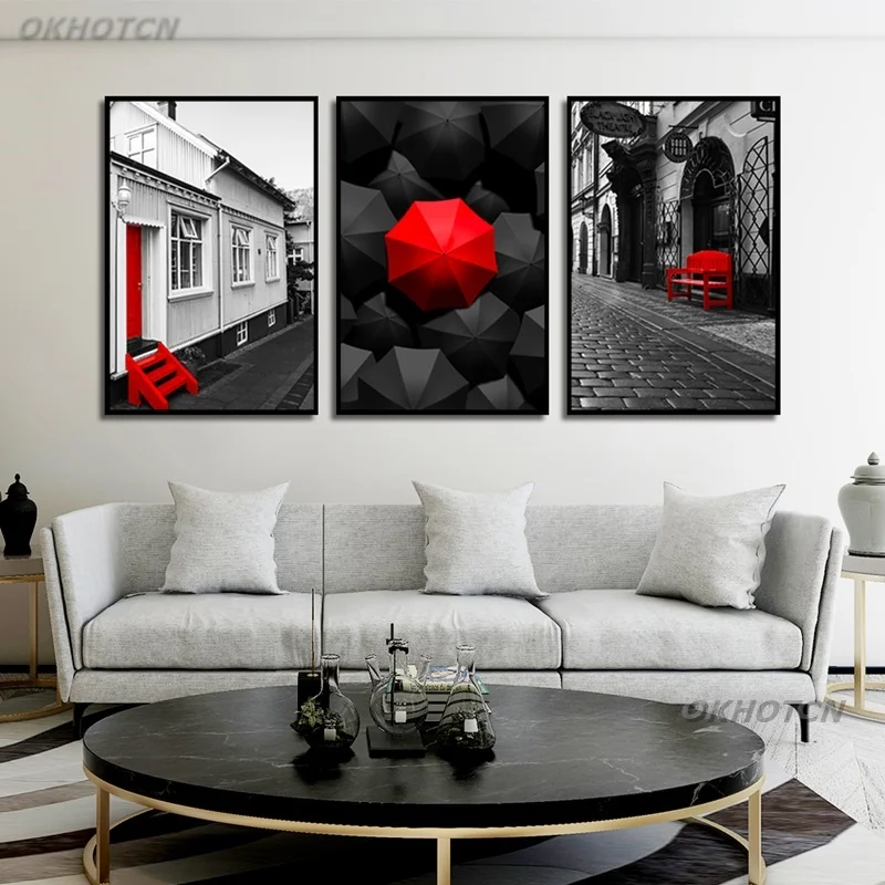 Настенные художественные картины холст живопись черный и белый красный зонт