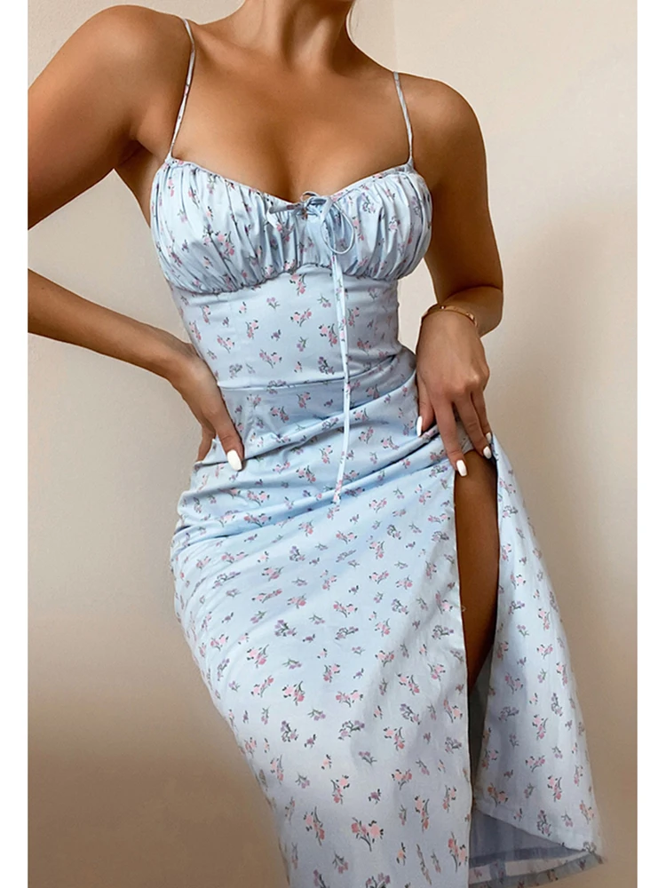 

2021 summer new women's sling sexy low-cut fashion floral split mid-length Kylie Jenner casual pastoral style dress women