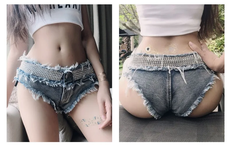 

Sexy low waist women denim shorts rough selvedge 2020 summer hot jeans nightclub pole dance shorts beading spodenki damskie