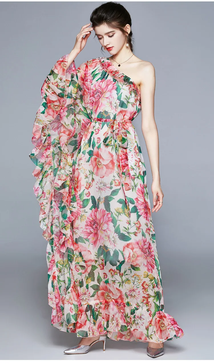 

Sexy Maxi Dress Laldy Ruffled Diagonal Collar Full Sleeve Fashion Printed Chiffon Dress 2021 Summer Vacation Seaside Long Dress