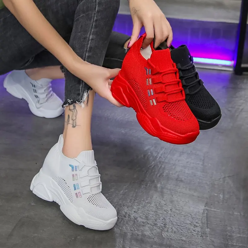 

New Women Summer Mesh Platform Sneakers Trainers White Shoes 8CM High Heels Wedges Outdoor Shoes Breathable Casual Shoes Woman