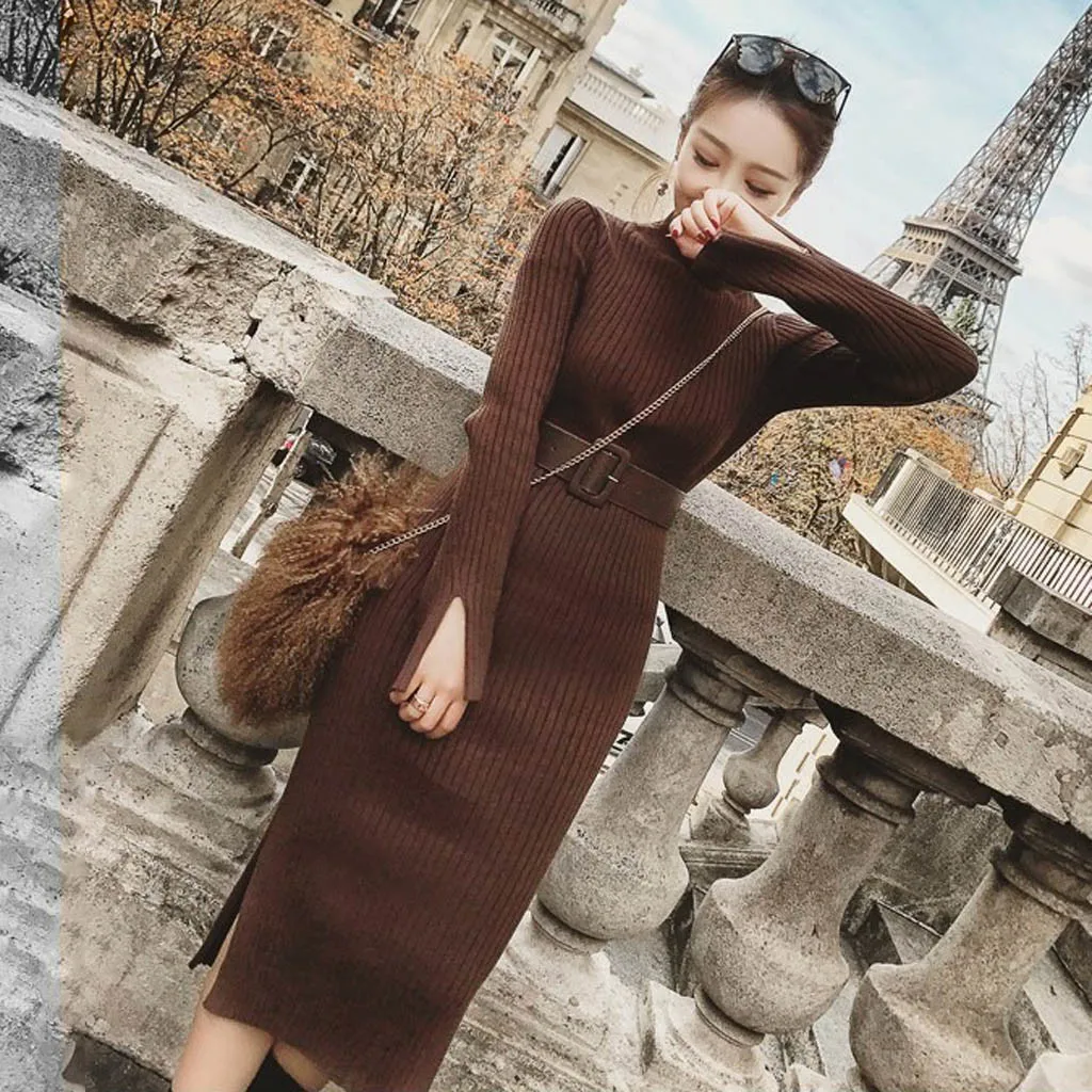 Платье JAYCOSIN женское платье свитер с высоким воротником и длинным рукавом