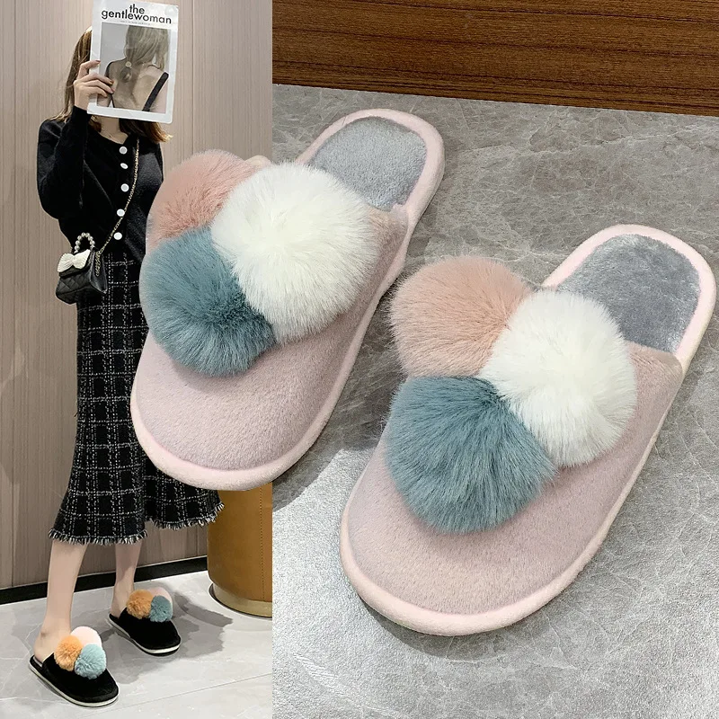 

Winter Rubber Female Pink Plush Round Toe Slippers Couple Faux Wool Cotton Slippers