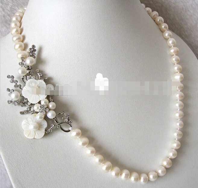 925 + &quot7-9 мм белый пресноводный жемчуг ожерелье цветок кулон | Украшения и