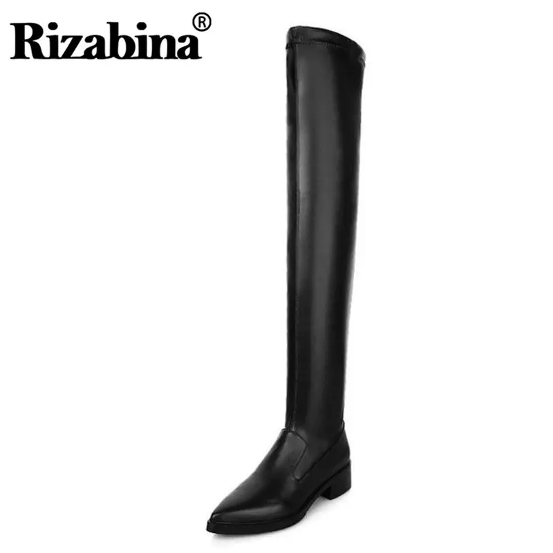 RIZABINA/женские теплые эластичные сапоги из натуральной кожи на плоской подошве; пикантные ботфорты с острым носком; зимняя женская обувь; Размеры 33-43