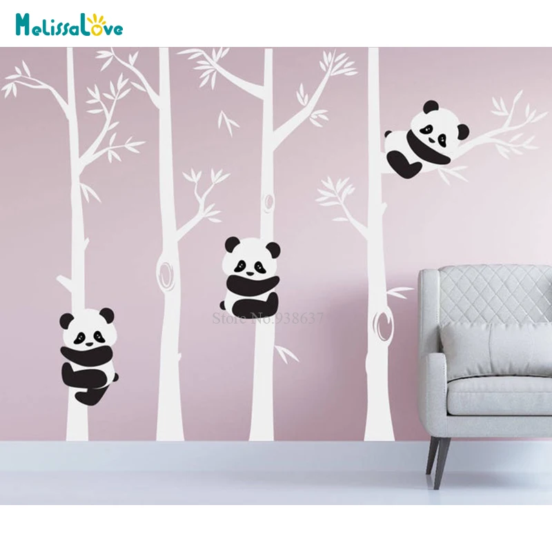 Панда дерево наклейка на стену Милая панда детская комната 4 бамбуковые деревья