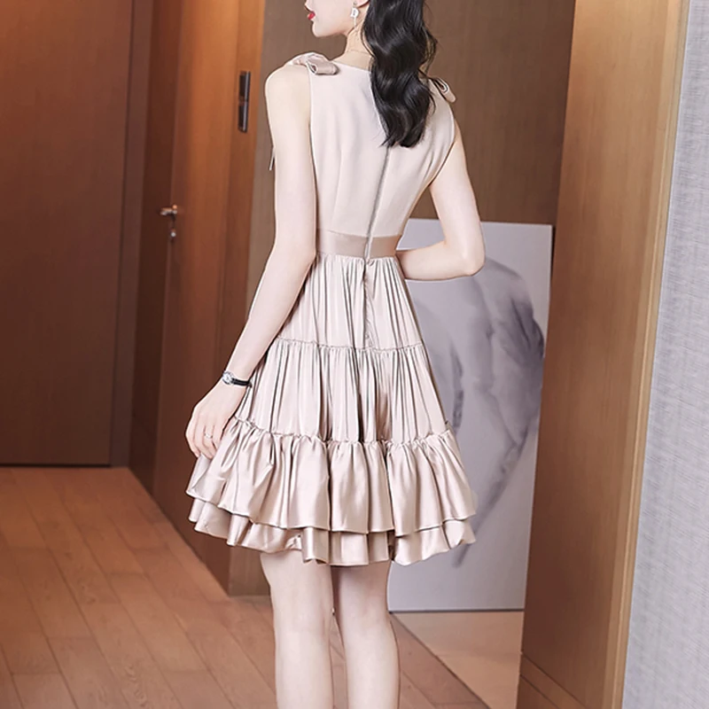

ECRURANI Elegant Dress For Women O Neck Sleeveless Minimalist Tunic High Waist Solid Ruffle Dresses Female Summer Clothing 2021