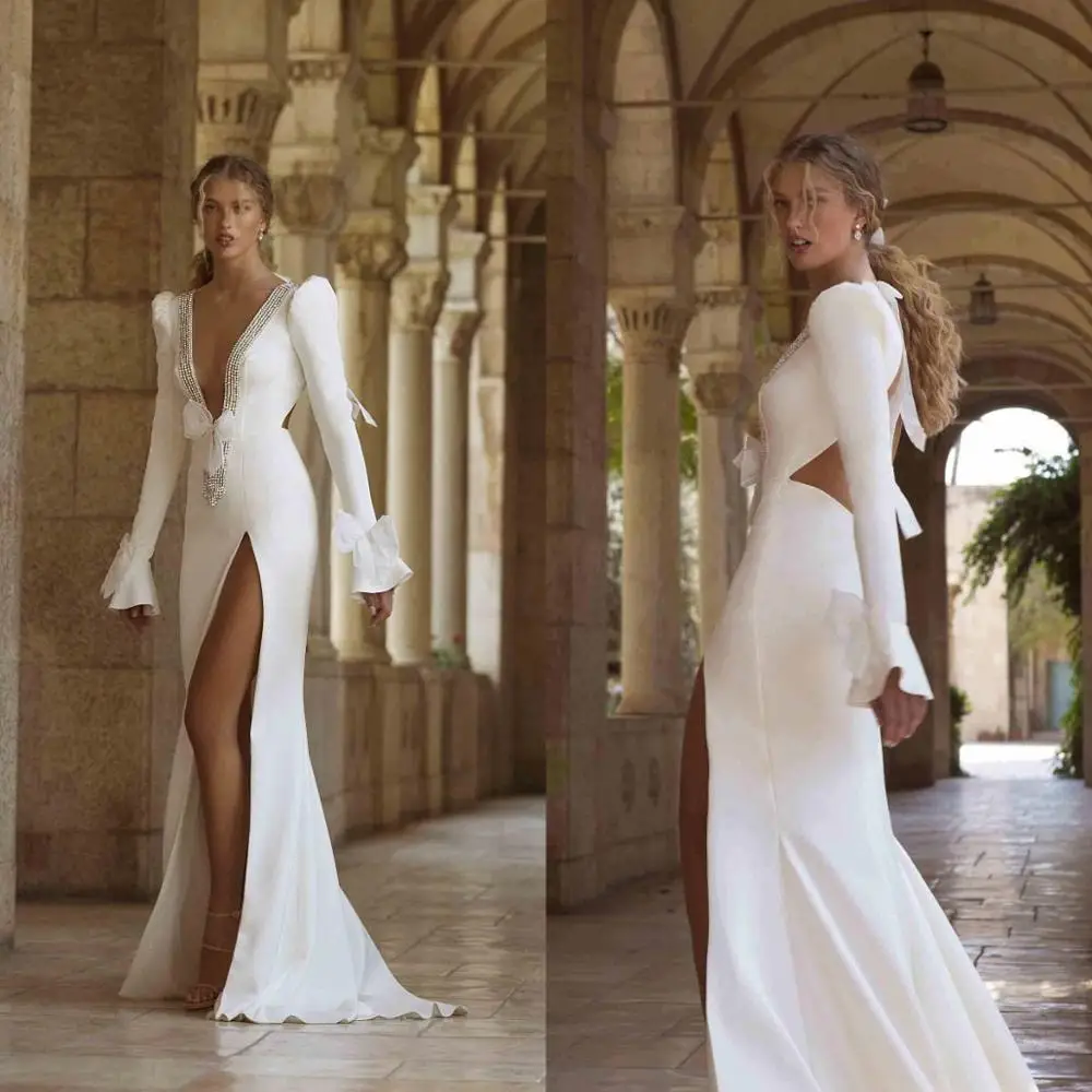 

Sexy Long Sleeve Wedding Dresses Sweep Train Satin Beaded Side Split Backless Country Bridal Gowns Vestidos De Novia