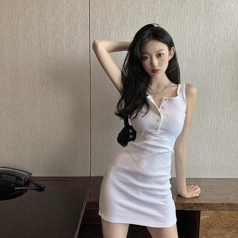 

Женское трикотажное платье в рубчик, однотонное платье-майка без рукавов, на пуговицах, с круглым вырезом, на бедрах, сексуальные вечерние, К...