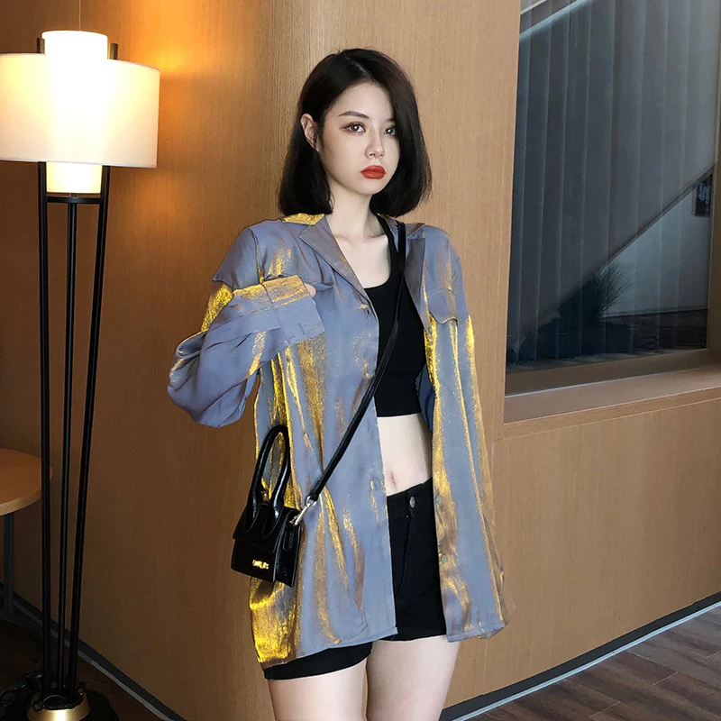 Lake blue blouse Свободная рубашка, кардиганы, шикарная блестящая Русалка, Kyi, женская блузка с фигурными накладными карманами, топы размера плюс, блузы с длинным рукавом T97092 - Цвет: Lake blue blouse