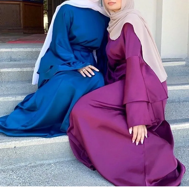 

Ramadan Eid Mubarak Muslim Fashion Satin Dresses For Women Abaya Dubai Turkey Islam Hijab Dress Vestidos Robe Musulmane Longue