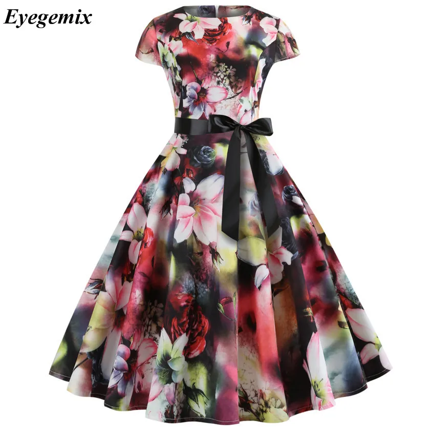 Женское летнее платье 2021 Цветочный принт Ретро Винтаж 1950s 60 повседневное