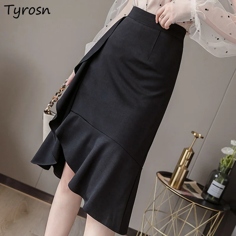

Black Knee-length Skirts Women Ruffles Trumpet Office Lady Korean Fashion High Waist Aesthetic Streetwear Tender Female Simple