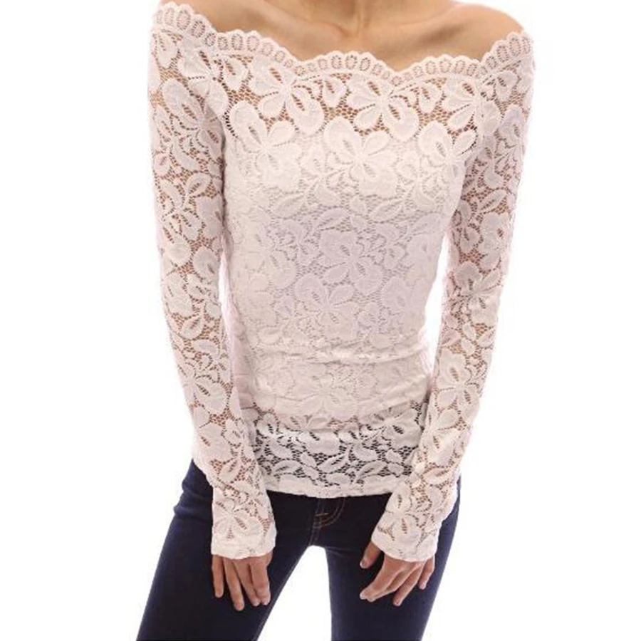 Элегантная кружевная блузка женская модная с длинным рукавом и вырезом лодочкой