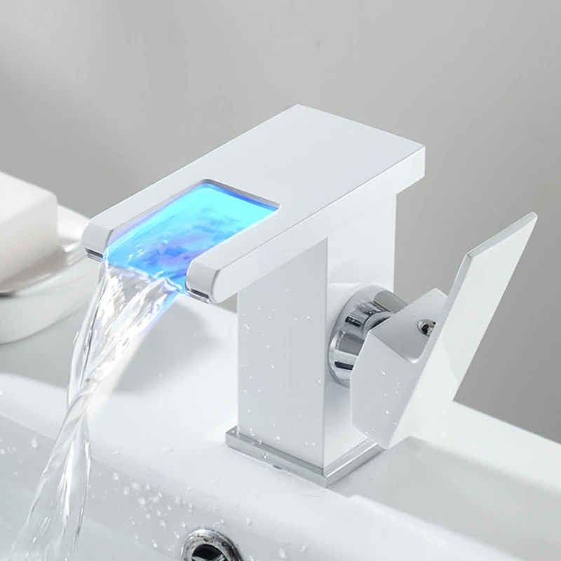 

LED Waterfall Kitchen Bathroom Basin Sink Taps Faucet Temperature Color Change