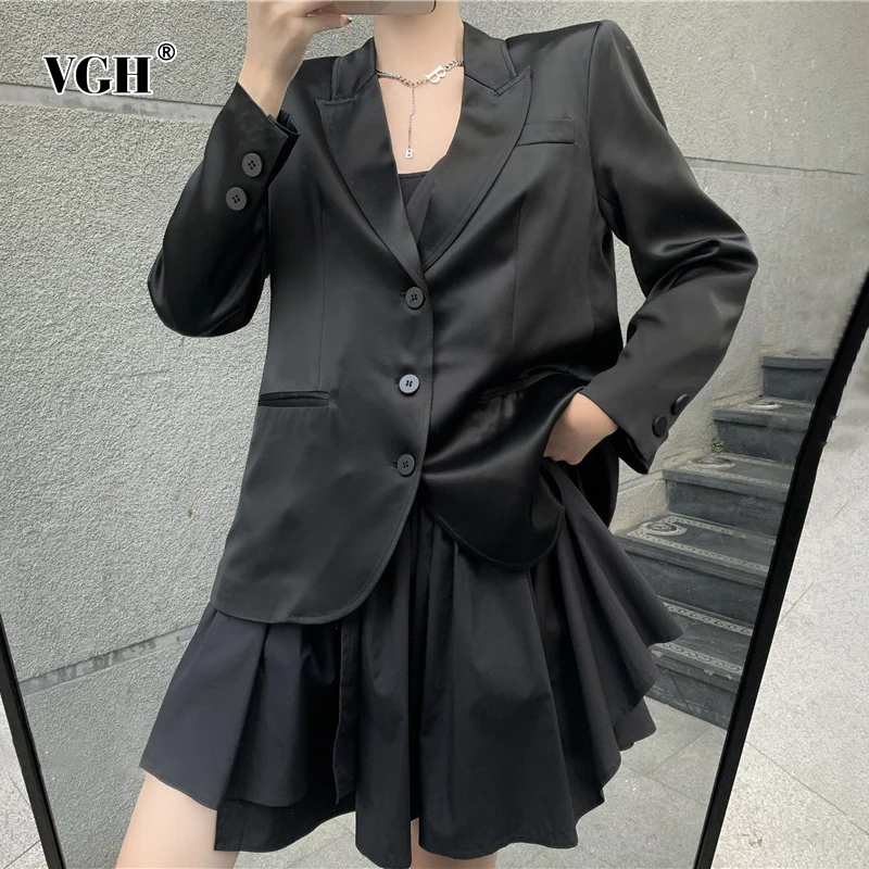 

Женское свободное мини-платье VGH, повседневное однотонное платье с отложным воротником, длинным рукавом и карманами, осенний стиль, новинка ...