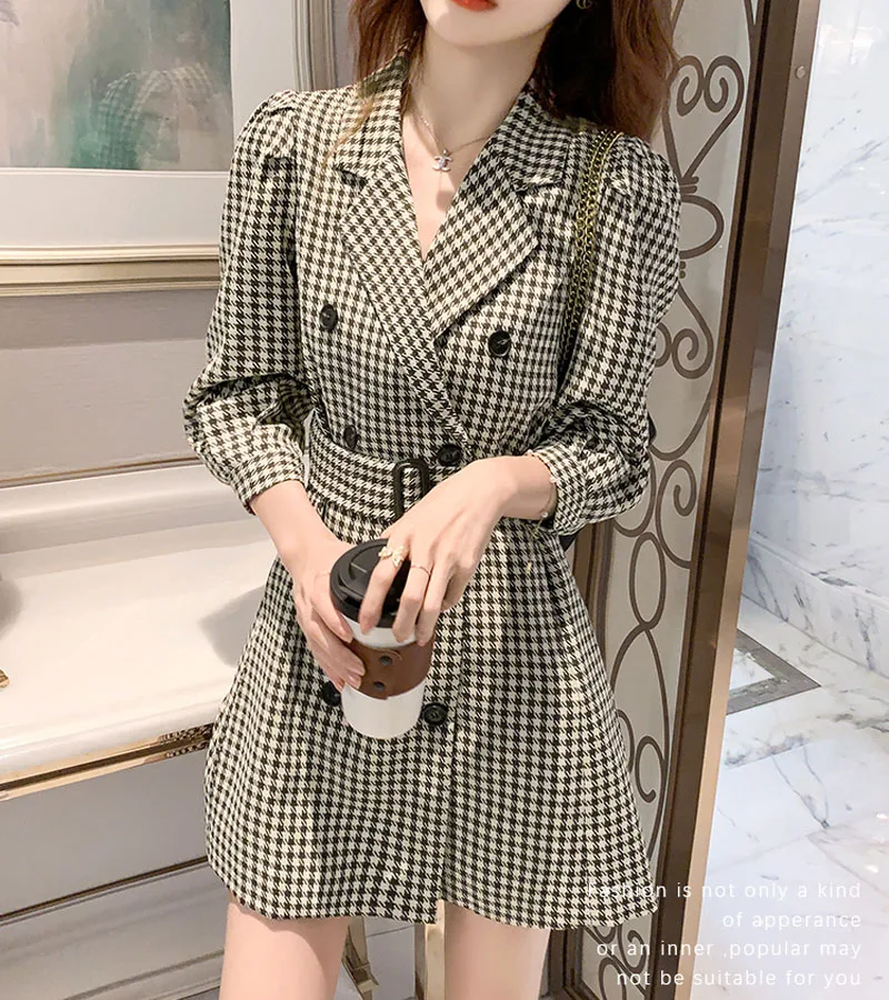 

Элегантное клетчатое женское мини-платье, весеннее двубортное платье-туника с длинным рукавом и поясом, женское облегающее платье в Корейс...