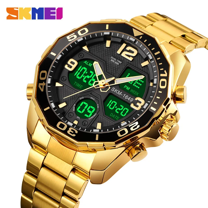 SKMEI Brand Men's Dual Display Digital Wristwatches with Stainless Steel Fashion Waterproof Chronograph Military Watch Men 1649